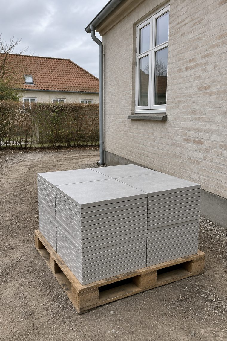 Stak af nye lyse fliser på en palle i gården bag et dansk parcelhus