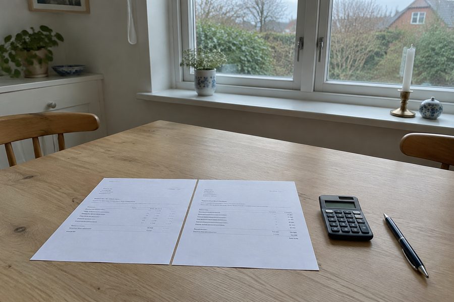 Køkkenbord med to tilbudsark, lommeregner og pen klar til fradragsopgørelsen